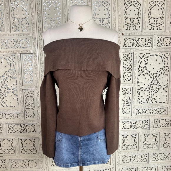 NWT Loft Chocolate Brown Ribbed Stretchy Off The Shoulder Sweater Boho Sz XL - Picture 1 of 5